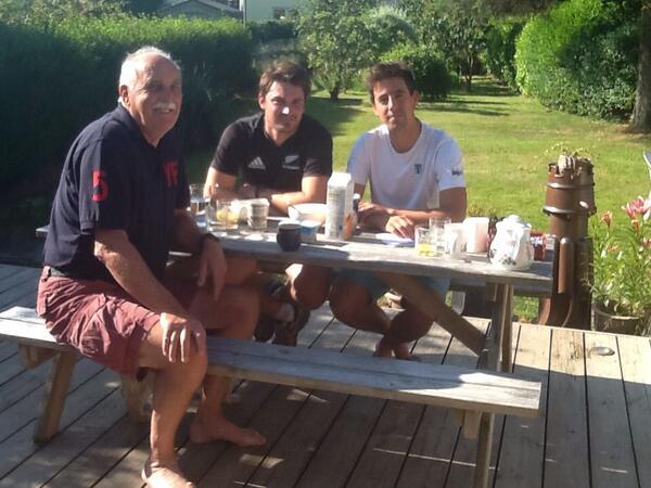 F18worlds2014's tweet photo. First F18 sailors have arrived from France - Thomas Normand &amp; Antoine Jacbert having breakfast at Chez Taylor. http://t.co/BrX864DEOJ