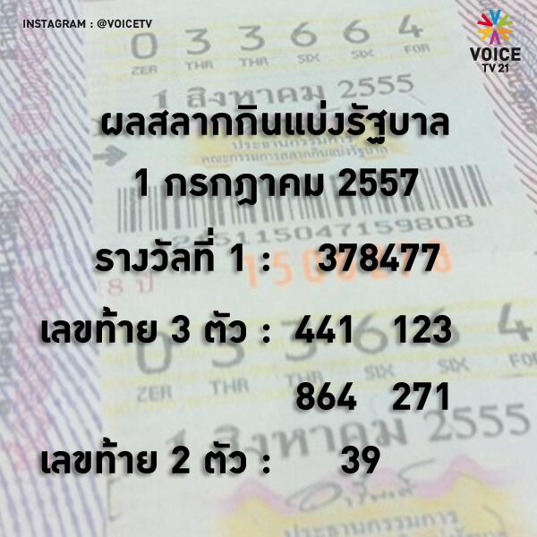 VoiceTVOfficial's tweet photo. ผลสลากกินแบ่งรัฐบาล 1 กรกฎาคม 2557 รางวัลที่ 1 : 378477     เลขท้าย 3 ตัว : 441, 123, 864, 271 เลขท้าย 2 ตัว : 39 http://t.co/JoeldtD49s