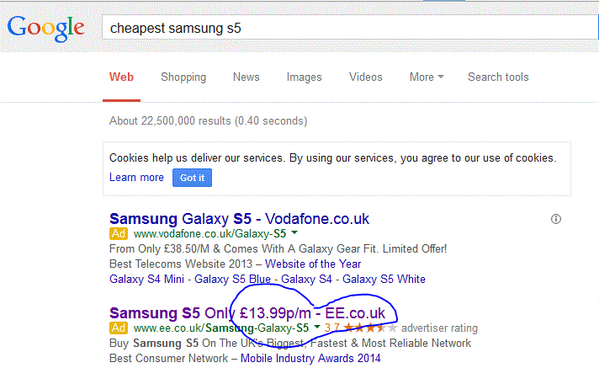 WaissHashemi's tweet photo. I guess #EE forgot 2 mention that their Samsung S5 will cost an extra £439.99 &amp; 24mths contract-Talking abt user exp. http://t.co/DBRsxZ6PoN