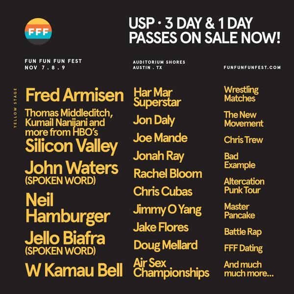 funfunfunfest's tweet image. #FFFfest Comedy: #FredArmisen, @Middleditch &amp;amp; @kumailn from #SiliconValley, @NeilHamburger, John Waters &amp;amp; more!