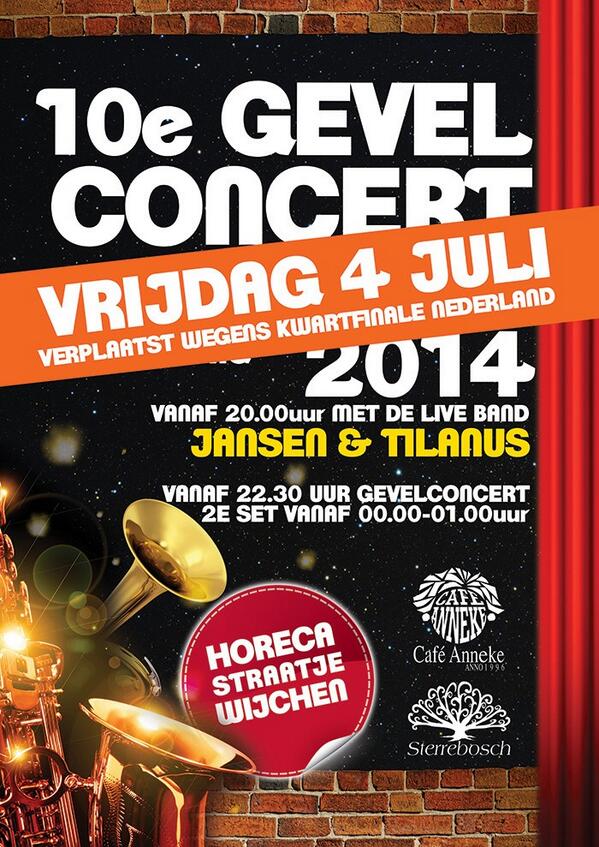 Geert_Sanders's tweet photo. Ivm de kwartfinale van Oranje is het gevelconcert As vrijdag! Zaterdag kleurt het horecastraatje weer oranje! http://t.co/vGVH1U0vC0