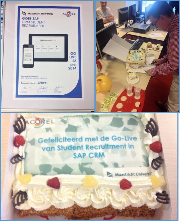Acorel's tweet photo. Vandaag taart bij de Universiteit Maastricht langsgebracht om de Go-Live van Student Recruitment in SAP CRM te vieren http://t.co/hrnwgZZ6Wk