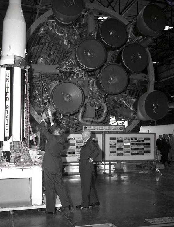 HitWithHistory's tweet image. Dr. von Braun briefs President Eisenhower at the front of the  of the Saturn 1 vehicle at the Marshall Space FC-1960