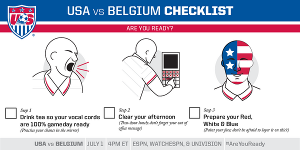 #AreYouReady for #USAvBEL today? 4 p.m. ET | <a href="/espn/">ESPN</a>, WatchESPN &amp; <a href="/Univision/">Univision</a>. #OneNationOneTeam