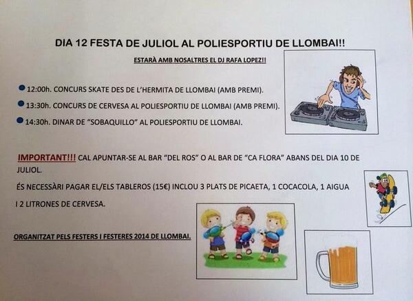 2014_festers's tweet photo. ¡DIA 12 FESTA DE JULIOL! Al polidesportiu de Llombai, a les 12:00h amb moltíssimes activitats ¡No pots faltar! ☀️💦🍻🎉🎊 http://t.co/VyA8KKiYRw