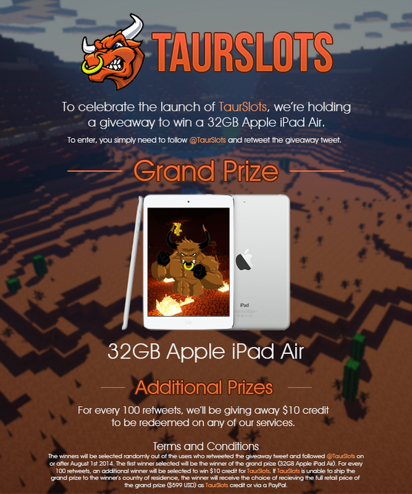 TaurSlots's tweet photo. Win an iPad Air! Follow @TaurSlots and retweet for your chance to win! Extra prizes every 100 RTs. #Minecraft http://t.co/sKxdYYYv8a