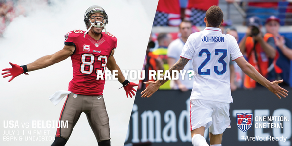 Buccaneers's tweet photo. 15 minutes 'til kickoff. @VincentTJackson is ready...@FabianJohnson23 is ready...#AreYouReady #OneNationOneTeam #USA http://t.co/pzcxhEdhmo