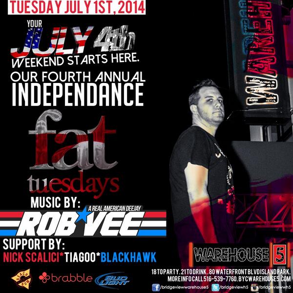 BridgeviewWH5's tweet photo. TONIGHT! Our Fourth IndepenDANCE Bash w/ @DJRobVee ! Doors Open 10pm! Gonna be BANANAS! 18+ #warehouse5 #fattuesdays http://t.co/GSrXf5ESL5