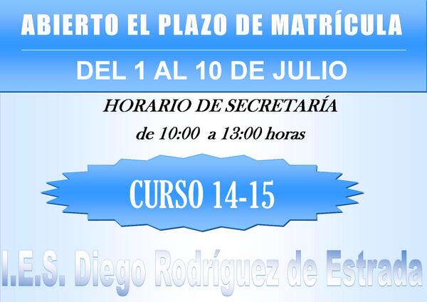Abierto el plazo de matrícula para el curso 14-15
