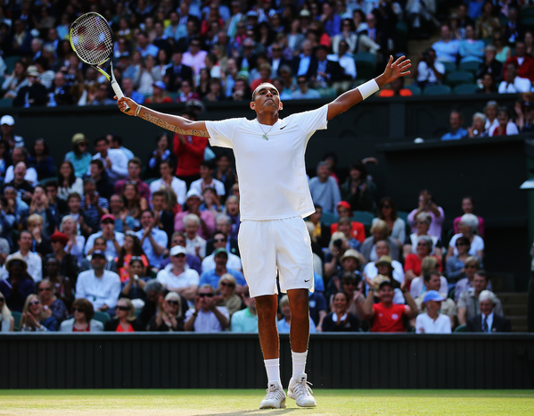BleacherReport's tweet photo. 19-year-old Nick Kyrgios upsets No. 1 Rafael Nadal at Wimbledon in four sets (7-6, 5-7, 7-6, 6-3)! http://t.co/ojBCM8IWou