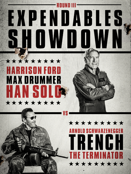 expendables's tweet photo. The Final 4 begins today! It's Han Solo v. The Terminator. Are you #TeamFord or #TeamSchwarzenegger? RT to vote! #EX3 http://t.co/SOZ7303PwJ