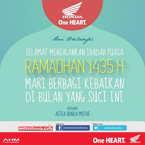 welovehonda's tweet photo. @klasefic selamat menjalankan ibadah puasa untuk brosis &amp; keluarga, mohon maaf lahir batin :) http://t.co/SrxfJzU87d
