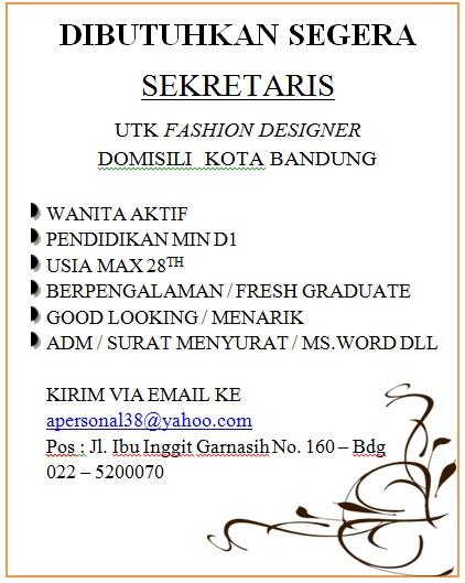 apersonal38's tweet photo. URGENT #sekretaris #lokerbdg @infokerjaID @_lowongankerja @Lokerbandung @LokerIndonesia @LokerDir @JobsDBIndonesia http://t.co/3azBwunDb5