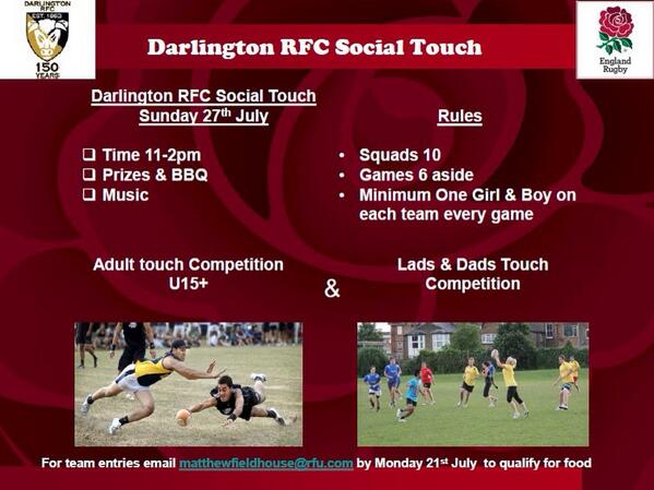 O2TouchDarlo's tweet image. Touch tonight @ 7pm! Social Tournament on Sun 27th July!! Check it out, put your own team together! All welcome!!