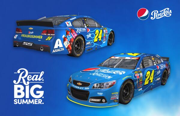 pepsi's tweet image. Get hyped. Our new #RealBigSummer inspired paint scheme with @JeffGordonWeb is ready for Daytona Beach! #Team24