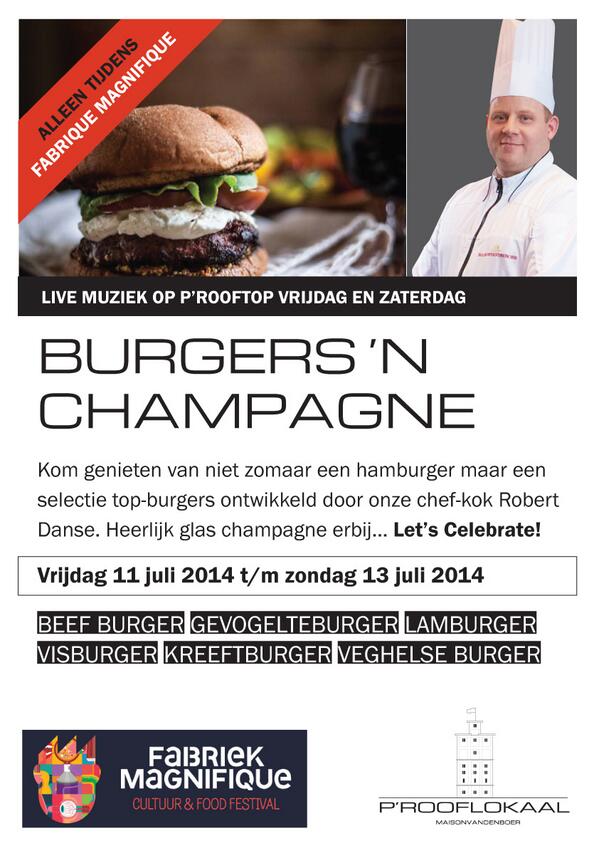 sillyfoxEN's tweet photo. Burgers&amp;Champagne op #prooftop tijdens @FabriekMagnifiq - topburgers door chef @RobertDanse - live muziek - #veghel http://t.co/ou9ug2lUqu