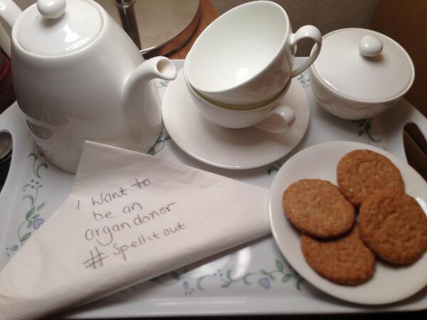 NHSOrganDonor's tweet photo. National Transplant Week is less than a week away!  #SpellitOut over a cuppa and a few biccies! http://t.co/ALJas5CYUA