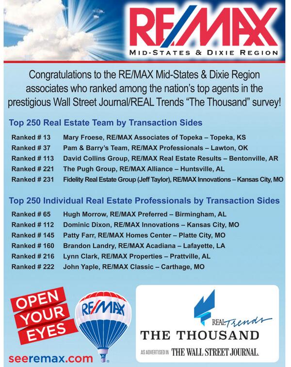 Congratulations to our Mid-States &amp; Dixie Region Associates who ranked in the REAL Trends "The Thousand" Survey!