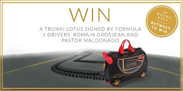 As fast as a race car! 48 hours only! RT and follow to win a signed #Lotus @Trunki>>bit.ly/1vvtNNU #GrandPrix