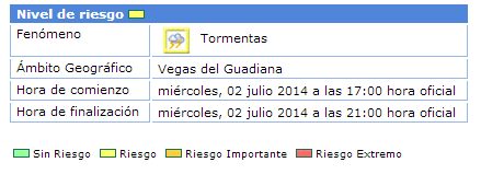 JuntaEx112's tweet photo. FMA - Tormentas. Nivel Amarillo. Vegas del Guadiana (Badajoz) Desde las 17:00 hasta las 21:00 h. de hoy, 2 de julio http://t.co/lvIs9aF70h