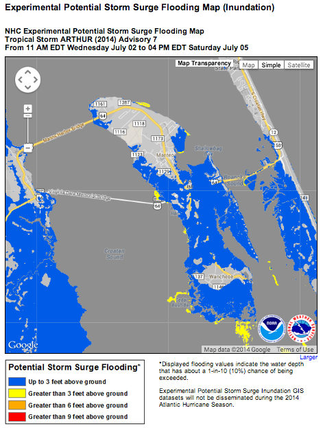EricHolthaus's tweet image. Latest inundation map from @NHC_Surge shows up to 3ft of water over US-64 from #Arthur, one of two roads off NC #obx: