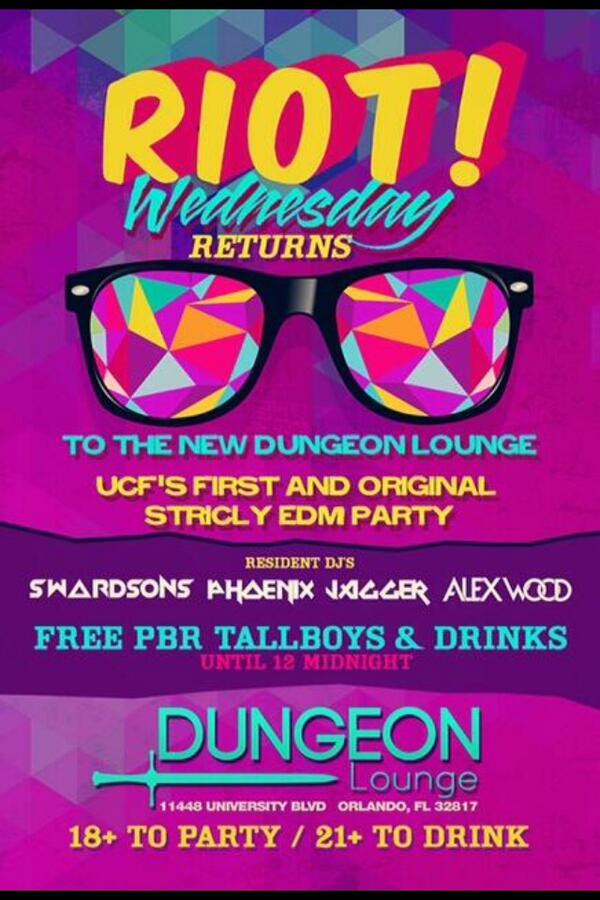 PhoenixJagger's tweet photo. Come jam with @WeAreSwardsons @alexwoodmusic and I at @RiotWednesday tonight at @DungeonLounge #ucf #riot #dancemusik http://t.co/7fxGQSHPTU