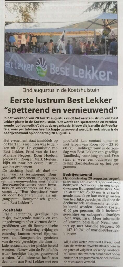 Gisteren in <a href="/GroeiendBest/">GroeiendBest</a>: 1e lustrum Best Lekker spetterend en vernieuwend!