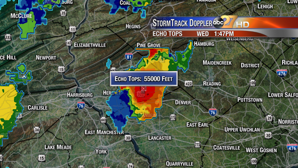 Radar echoes indicate the top of the t-storm in Lebanon reaching to 55,000 feet -- impressive! #weathernerdalert