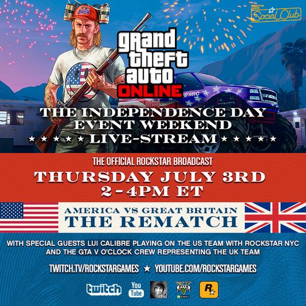 RockstarGames's tweet image. Tune in tmrw 2pm ET for an epic livestream. US vs UK: #IndependenceDay REMATCH at the Rockstar @Twitch. #GTAOnline