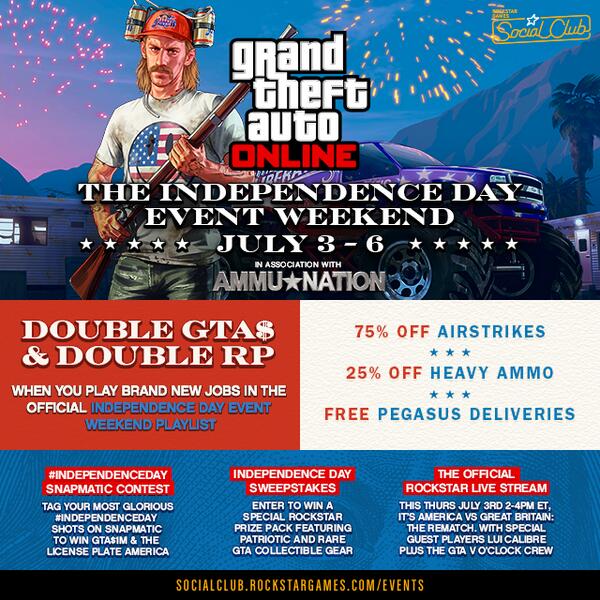 RockstarGames's tweet image. The 4-day #GTAOnline Independence Day Event Wknd begins tmrw! Big GTA$ &amp;amp; RP bonuses +much more rsg.ms/3848eb9