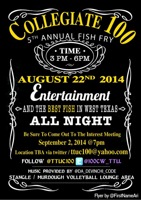 #TTU18 Friday August 22 at 3pm <a href="/TTUC100/">TTU Collegiate 100</a> <a href="/100CW_TTU/">100 Collegiate Women</a> presents the 5th annual fish fry!