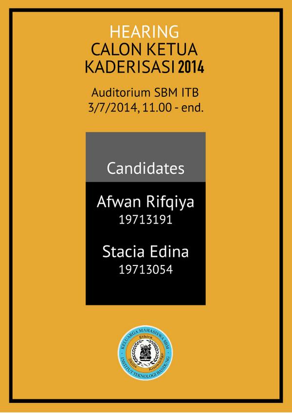 Siang ini, di auditorium sedang ada hearing Calon Ketua Kaderisasi 2014. Ada dua calon, yaitu @afwn dan @staciaedina