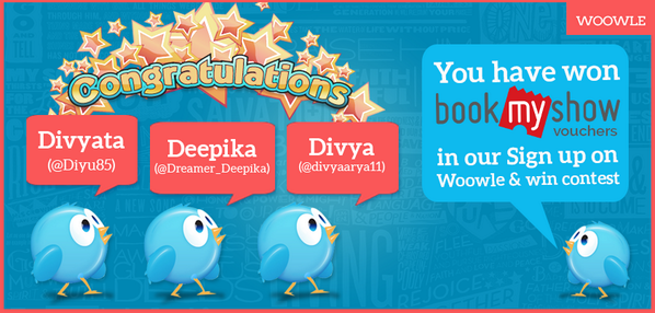WoowleIt's tweet photo. Congratulations, winners of our "Sign up on http://t.co/t4kV60KB4J" contest. You have won @bookmyshow vouchers! http://t.co/jRA1Lyuzv2