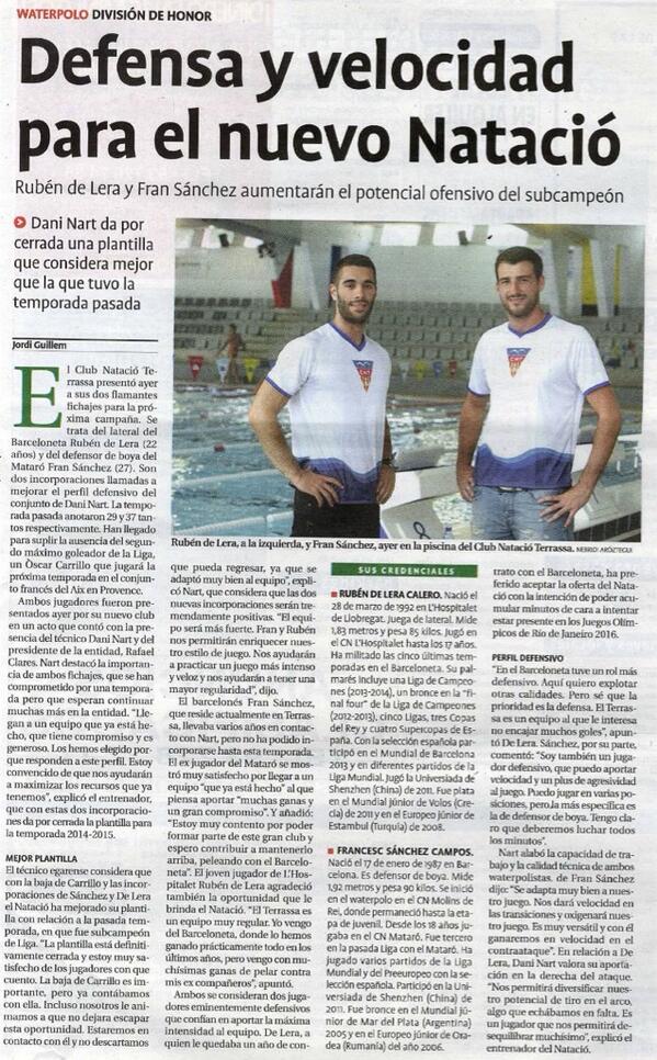 Notícia d'avui al <a href="/DiarideTerrassa/">Diari de Terrassa</a> "Defensa y Velocidad para el nuevo Natació" <a href="/franpolo3/">Fran Sánchez</a> <a href="/RubendeLera/">Rubén de Lera</a>