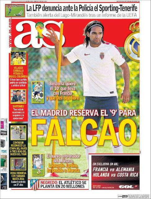 AS cover: "Real Madrid menyiapkan nomor punggung '9' untuk Falcao"