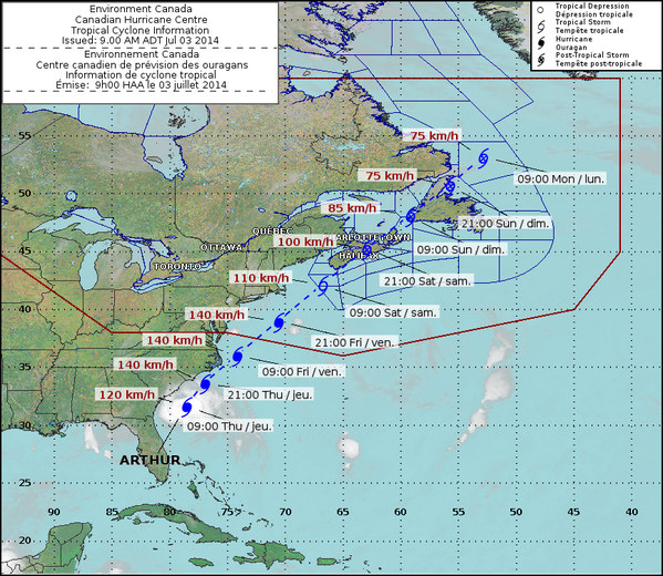 Hurricane #Arthur headed toward Atlantic Canada. Tips to #beready: bit.ly/1pLs0Hh Map via <a href="/environmentca/">Environment Canada</a>
