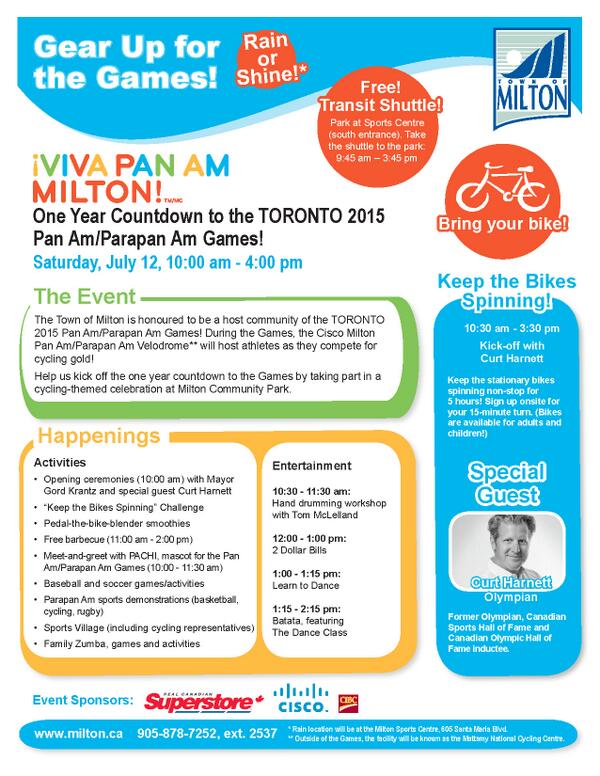 The countdown to @TO2015 is on with a @TownOfMilton cycling-themed celebration! Pedal with <a href="/curtharnett/">curt harnett</a>!