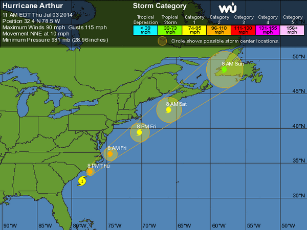 wunderground's tweet photo. MAJOR UPDATE:  Latest #NHC forecast strengthens #Arthur to a Cat 2 #hurricane by evening.  http://t.co/GKglkRbbnI http://t.co/Nc6BDQldsE
