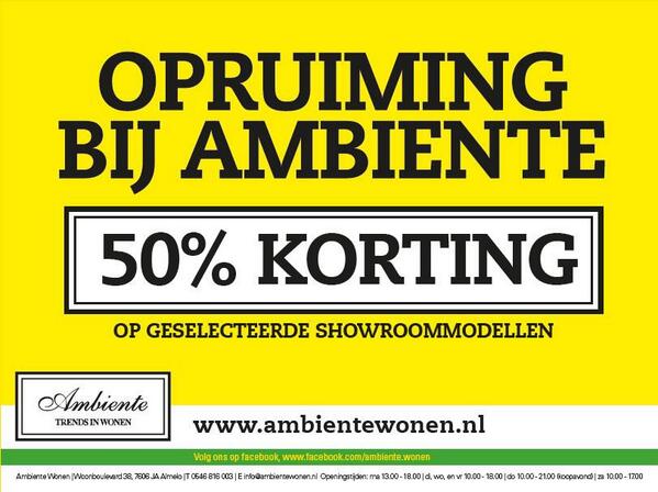 Onze opruiming is begonnen. 50% korting op alle geselecteerde showroom en voorraad modellen. Ook op Rivièra maison.