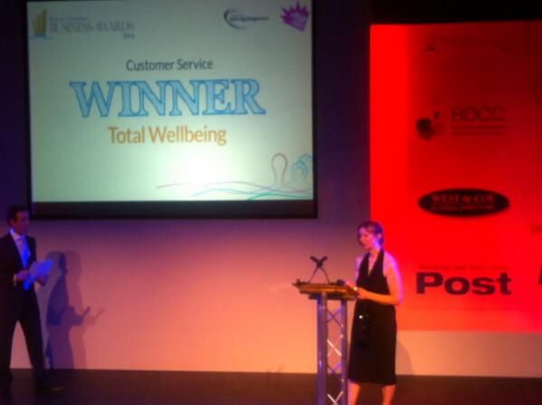 BDPost's tweet photo. Total Wellbeing picking up the prize for Customer Service #BDBAwards2014 @BDBawards http://t.co/d3uNyXWSxx