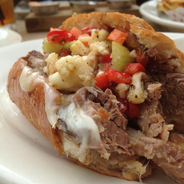 TomDouglasCo's tweet image. Beef brisket sammich, house made tangy giardiniera, melty cheese, Seatown baguette @TheBravehorse #FRIESPLEASE