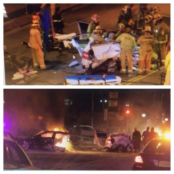 DaniellaNBCLA's tweet photo. Stolen Tesla Crashes, Splits in Half in Fiery Multi-Car Wreck in West Hollywood. Several injuries. Details on @NBCLA http://t.co/VKom4piy1Q