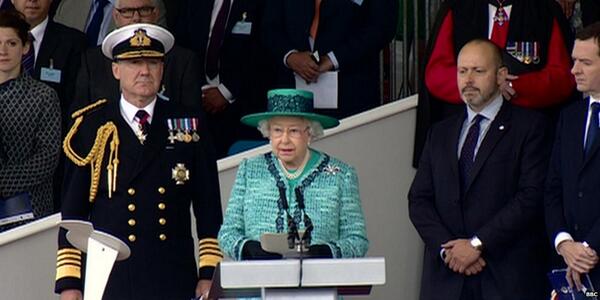 BBCNews's tweet photo. The Queen "names" huge new Royal Navy warship http://t.co/ZhXwmMYg6O &amp; http://t.co/VVkyoNWFPK