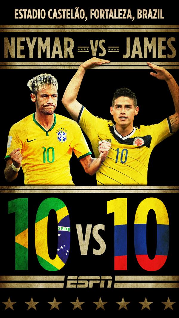espn's tweet photo. 10 vs. 10. 
Neymar vs. James. 

Only one will advance. #BRAvsCOL http://t.co/0WoRPOvvM0