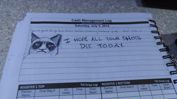 nlmccraw's tweet image. My new SM has given me the nickname "Grumpy Cat." This is my note for his open tomorrow. #baristaproblems