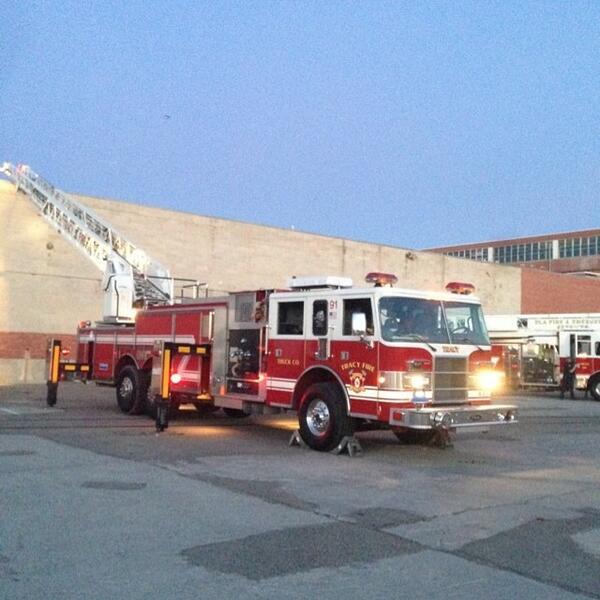 AFireStation's tweet image. Found this cool photo, not mine Setting up for Tracy's firework show! #fire #fireexplorers #firetruck