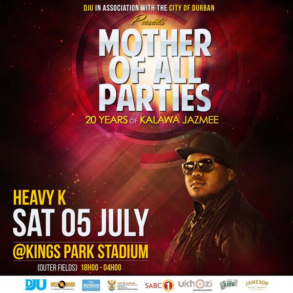DJUSAMC's tweet photo. KALAWA 20 YEAR CELEBRATION! @HeavykDrumboss 05 July|Kings Park Stadium|Tickets available @Computicket. cc @ukhozi_fm http://t.co/F5uXxGfIqe