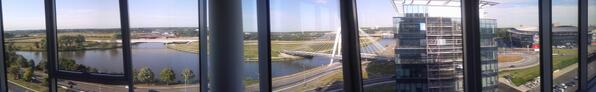 DimitriDewaele's tweet photo. New office looking good. The Blue towers in Ghent. At the right the Ghelamco Arena, the 'ringvaart' and 'Schelde'. http://t.co/tKMdzDypXs