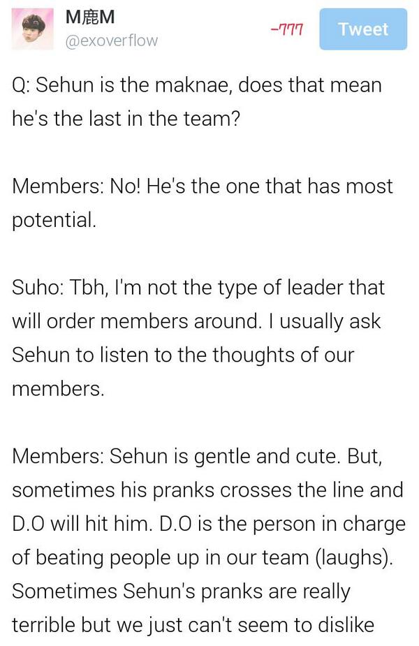 exoverflow's tweet photo. 韩流飓风 July 2014 Issue: Sehun's interview

"Sehun is gentle and cute"
"I think of Luhan everytime I drink bubble tea" http://t.co/5HADzXdP9T