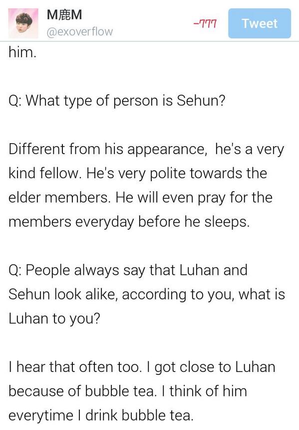 exoverflow's tweet photo. 韩流飓风 July 2014 Issue: Sehun's interview

"Sehun is gentle and cute"
"I think of Luhan everytime I drink bubble tea" http://t.co/5HADzXdP9T